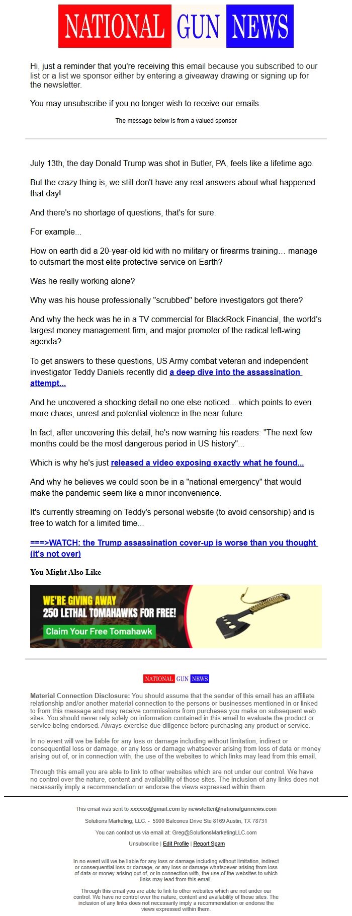 Screenshot of the email generated on import