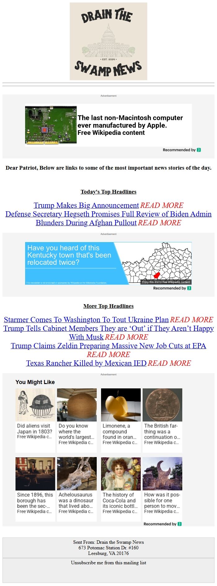 Screenshot of the email generated on import