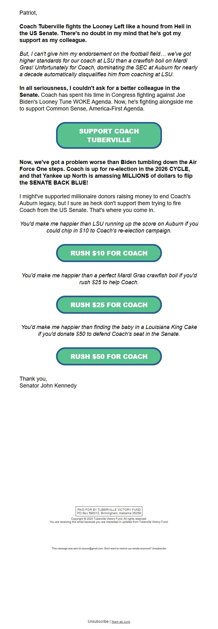 Screenshot of the email generated on import