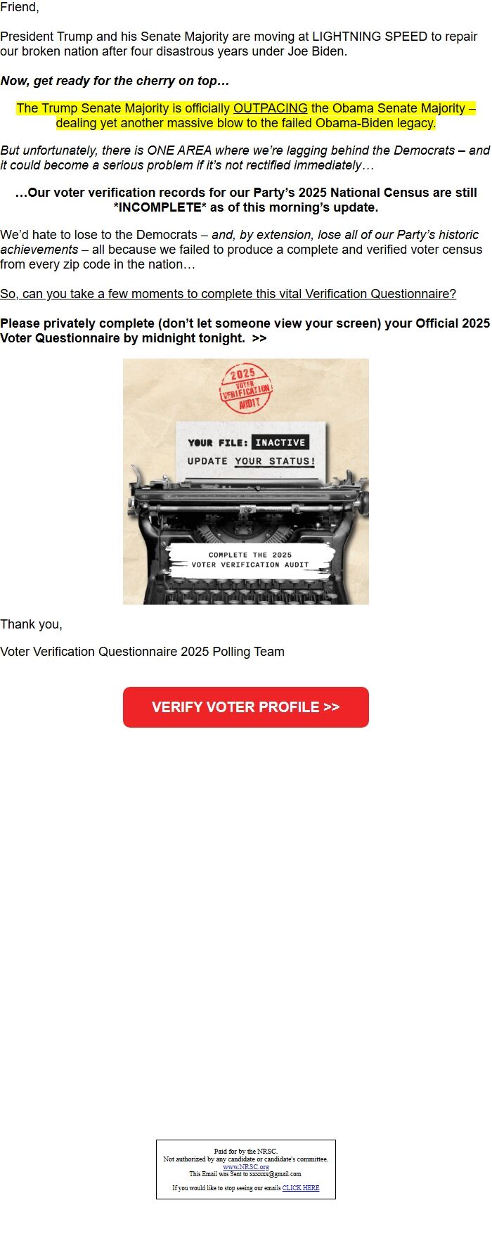 Screenshot of the email generated on import