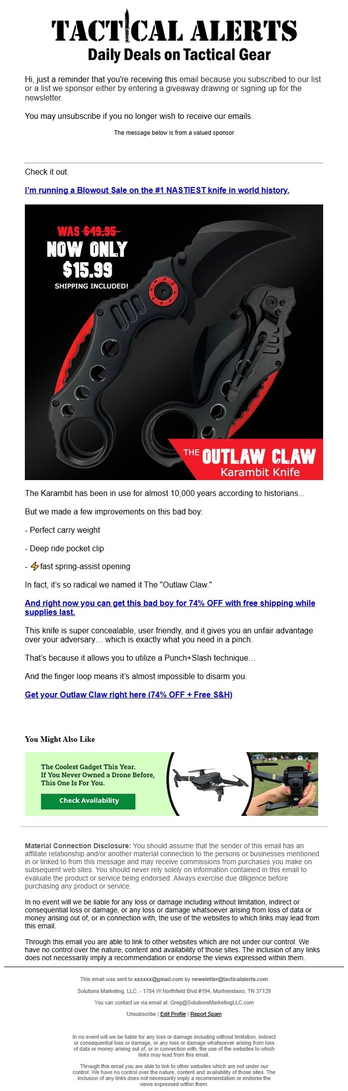 Screenshot of the email generated on import