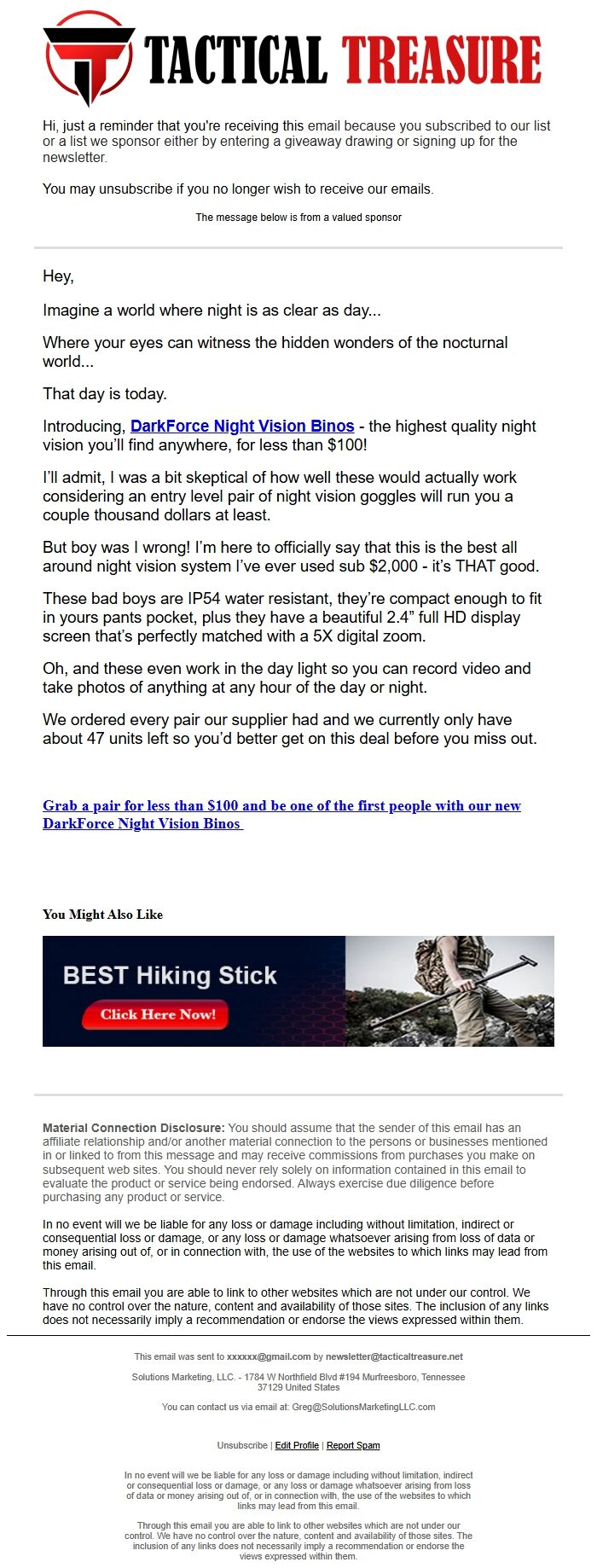 Screenshot of the email generated on import