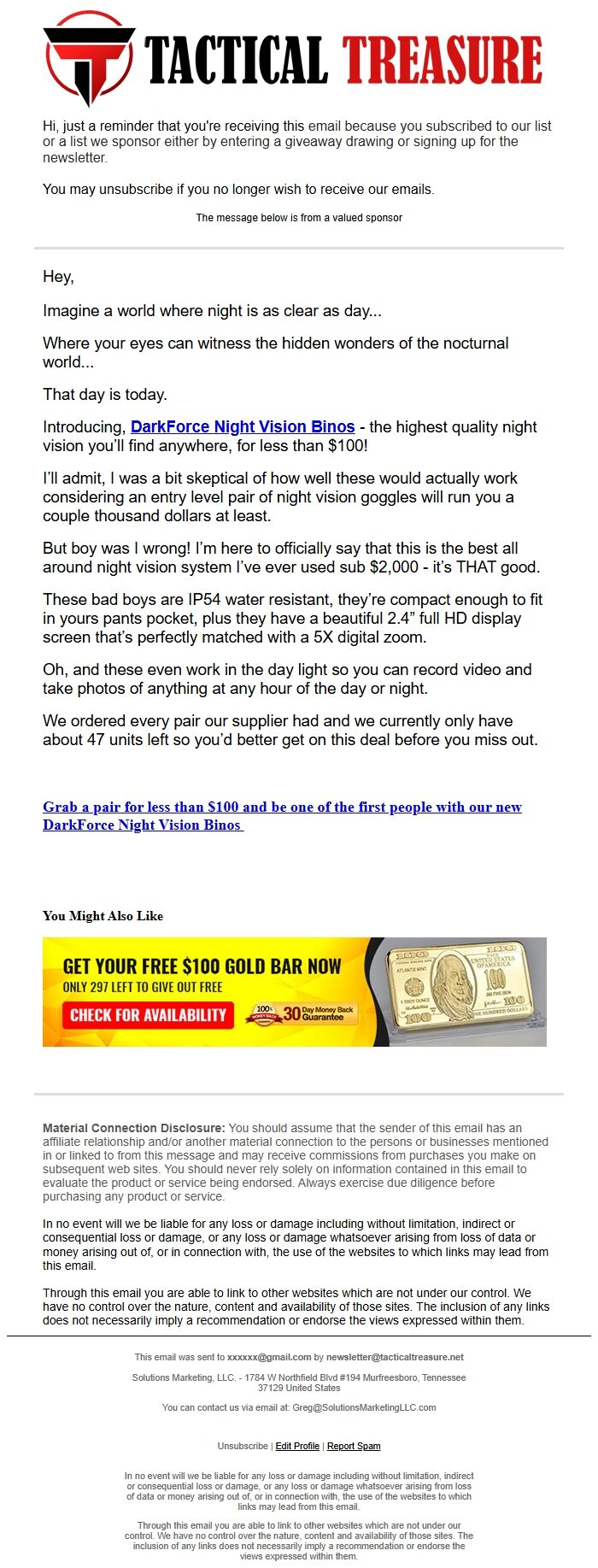 Screenshot of the email generated on import