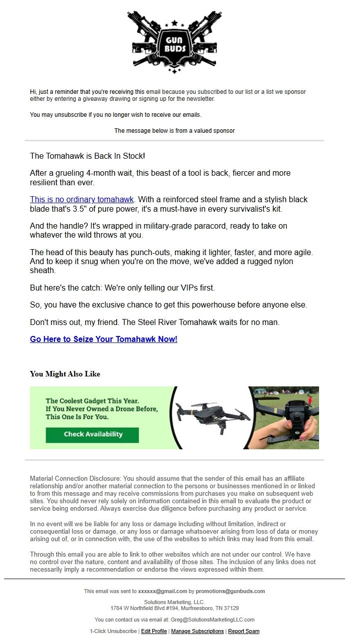 Screenshot of the email generated on import