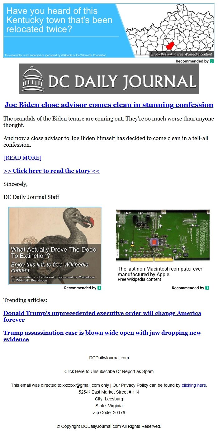 Screenshot of the email generated on import