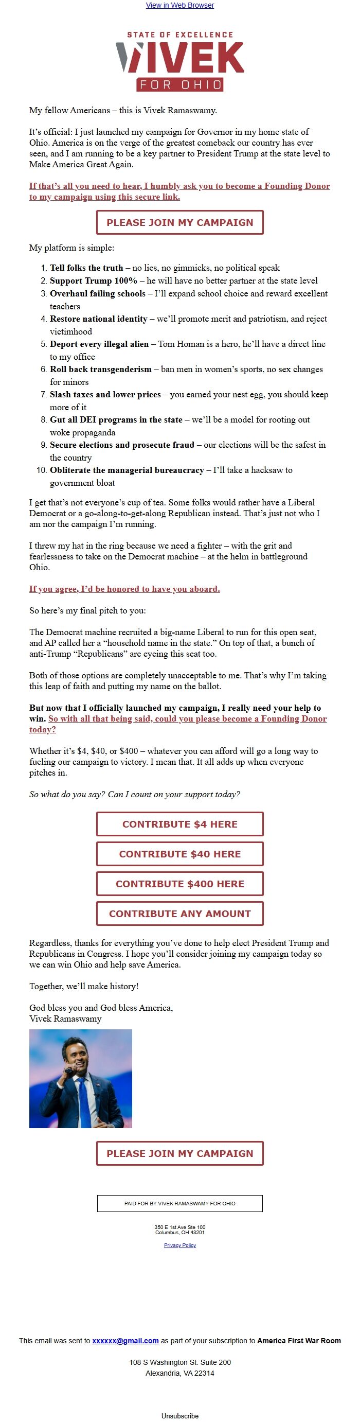 Screenshot of the email generated on import