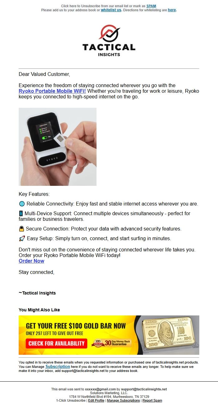 Screenshot of the email generated on import