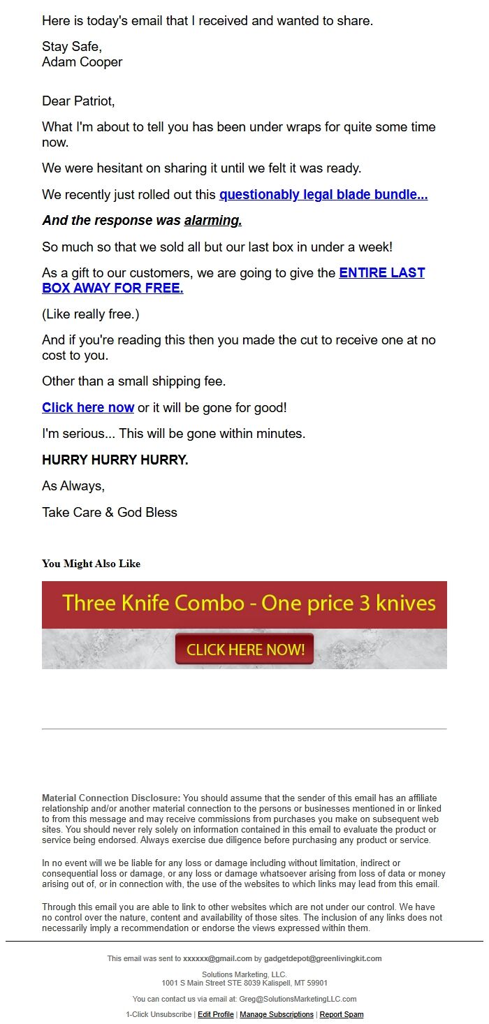 Screenshot of the email generated on import