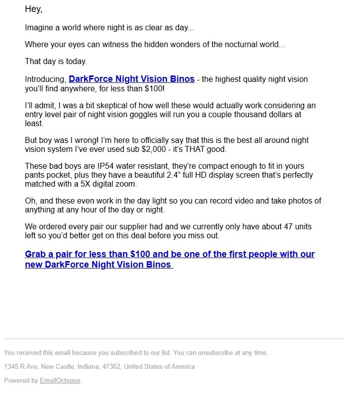 Screenshot of the email generated on import