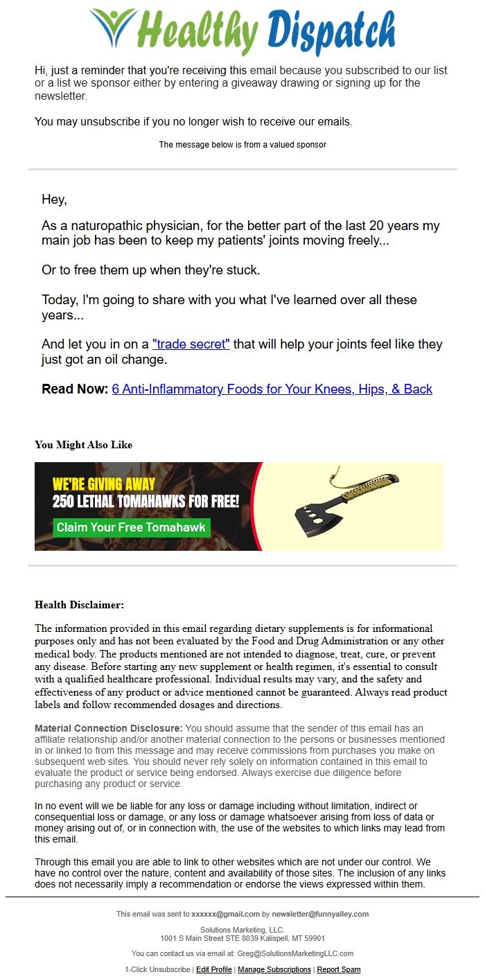 Screenshot of the email generated on import