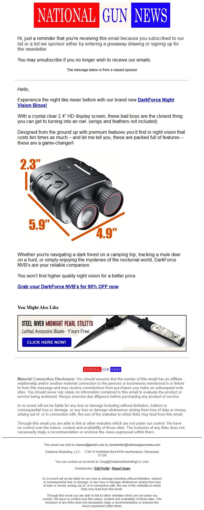 Screenshot of the email generated on import