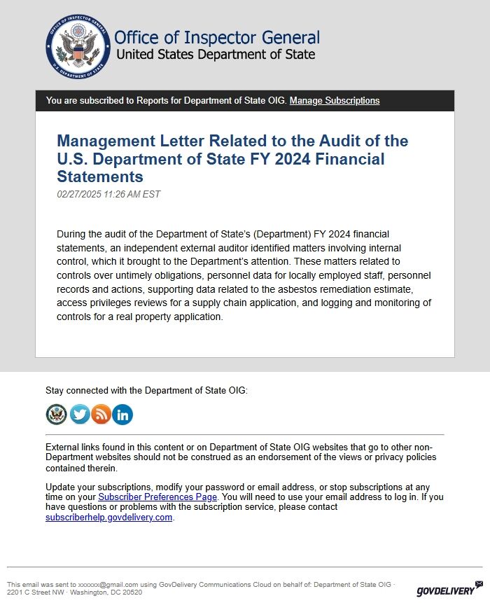 Screenshot of the email generated on import