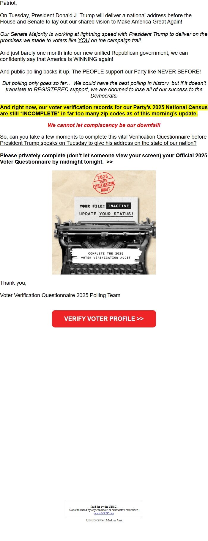Screenshot of the email generated on import