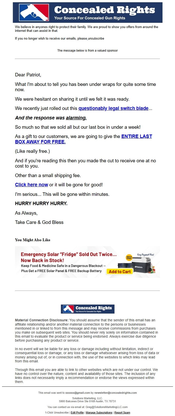 Screenshot of the email generated on import