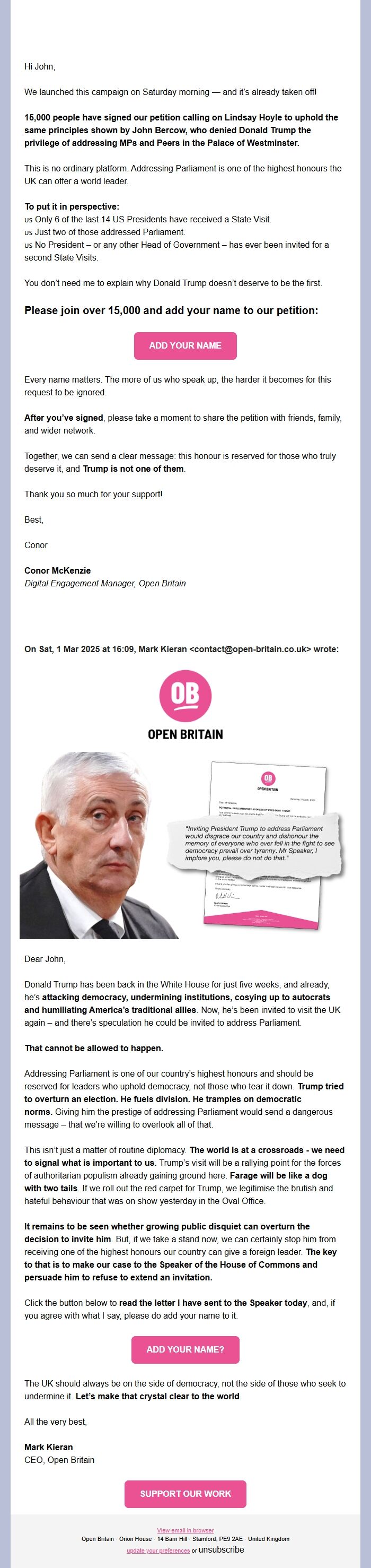 Screenshot of the email generated on import