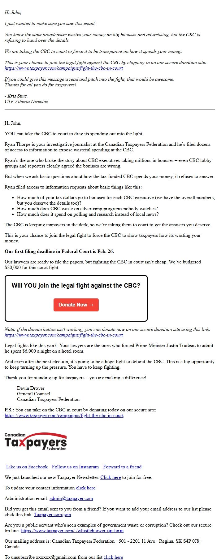 Screenshot of the email generated on import