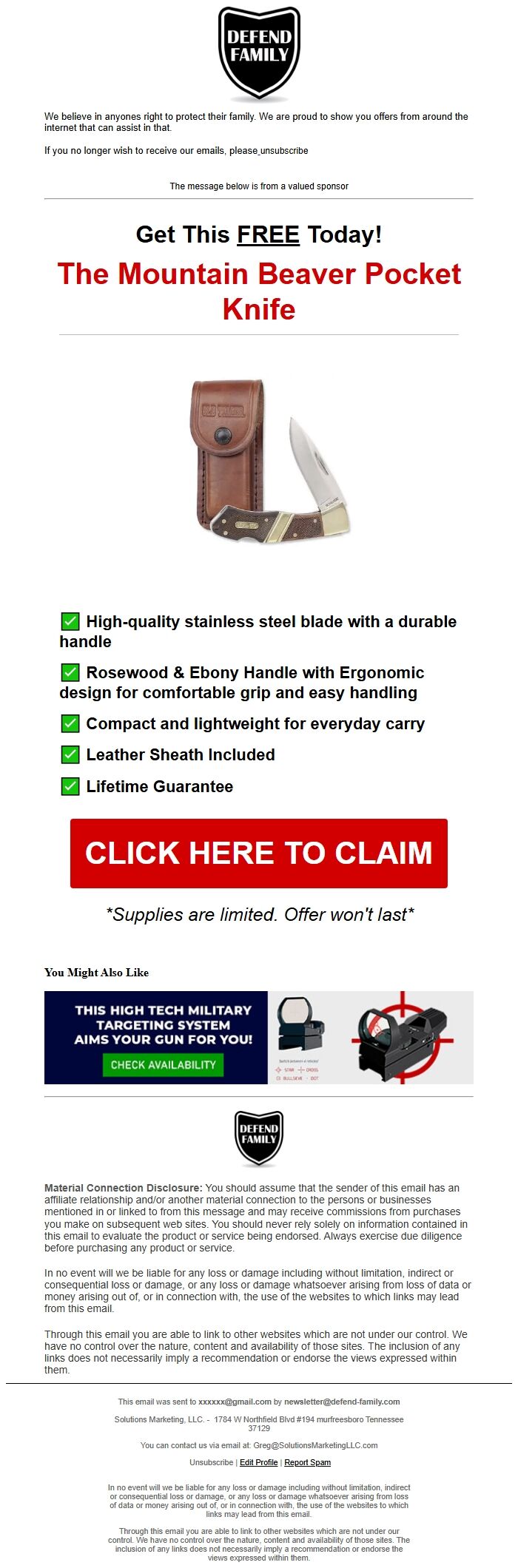 Screenshot of the email generated on import