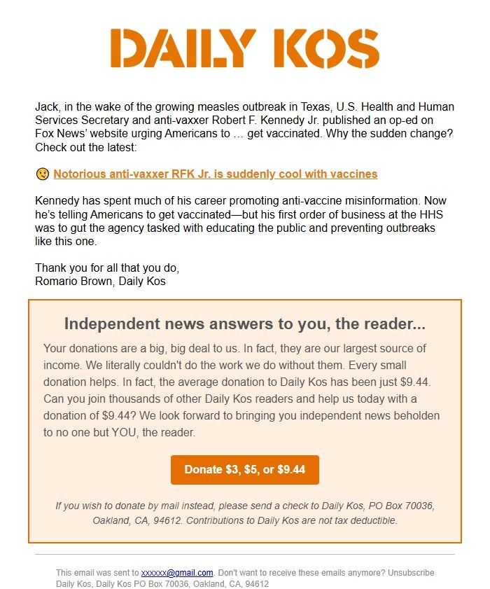 Screenshot of the email generated on import