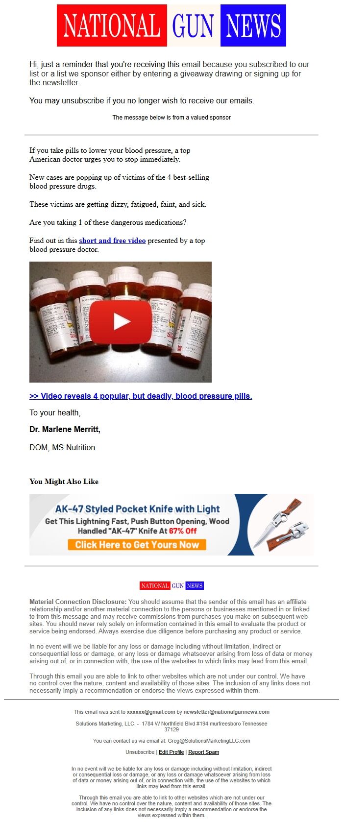 Screenshot of the email generated on import