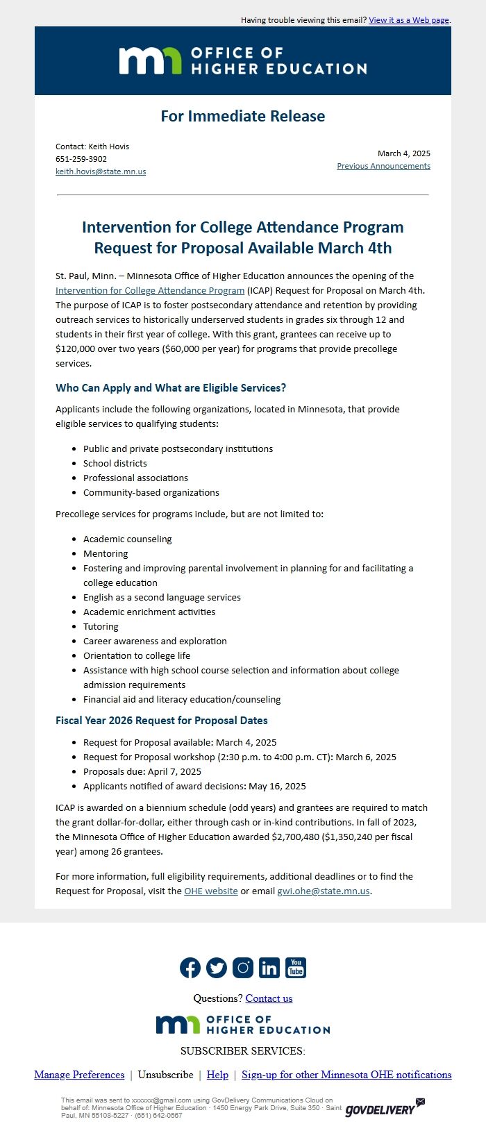 Screenshot of the email generated on import