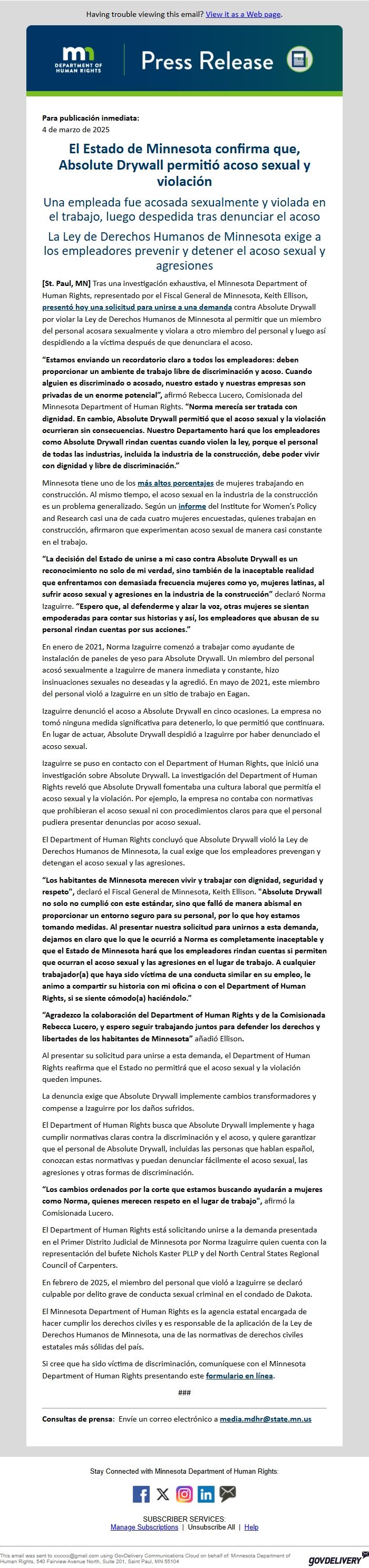 Screenshot of the email generated on import