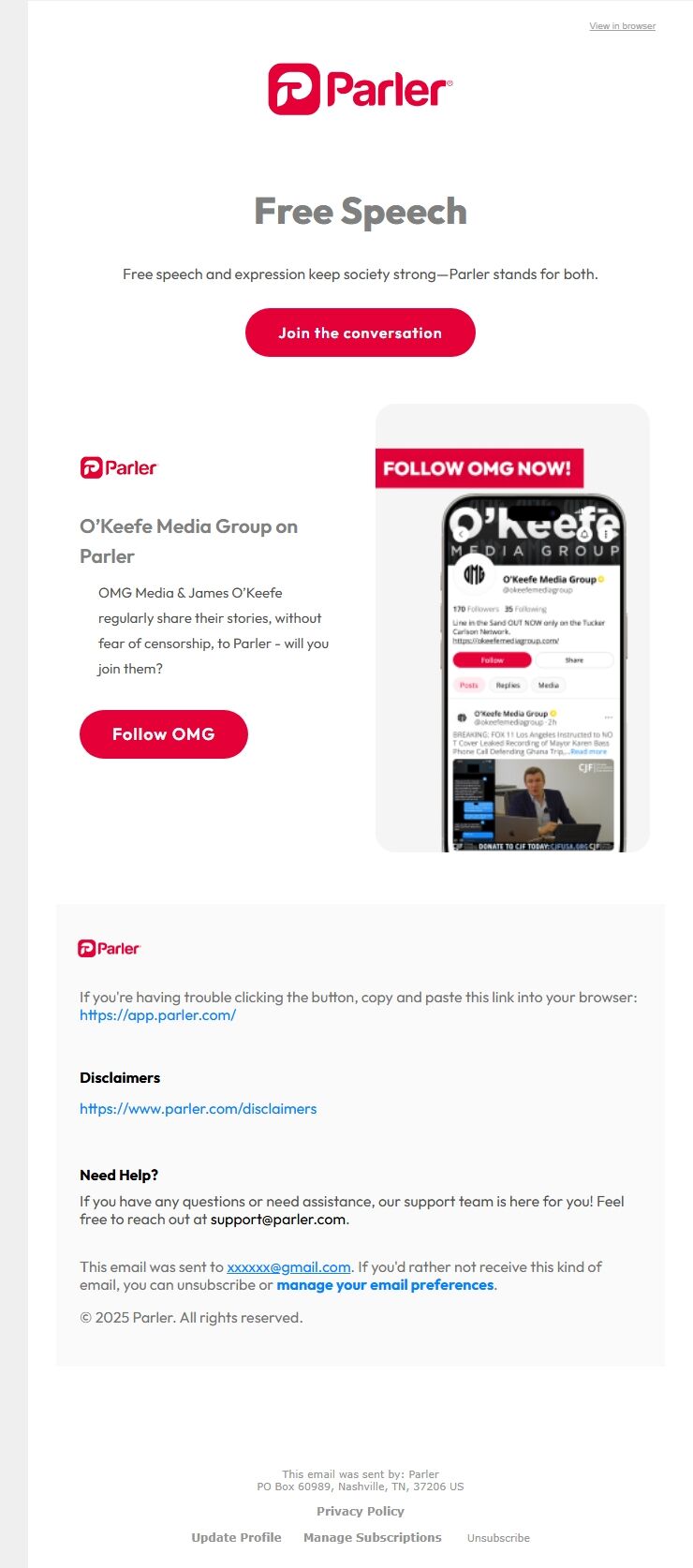 Screenshot of the email generated on import