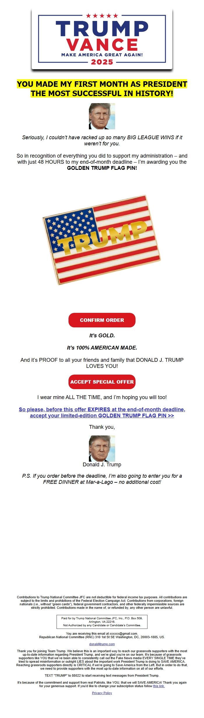 Screenshot of the email generated on import