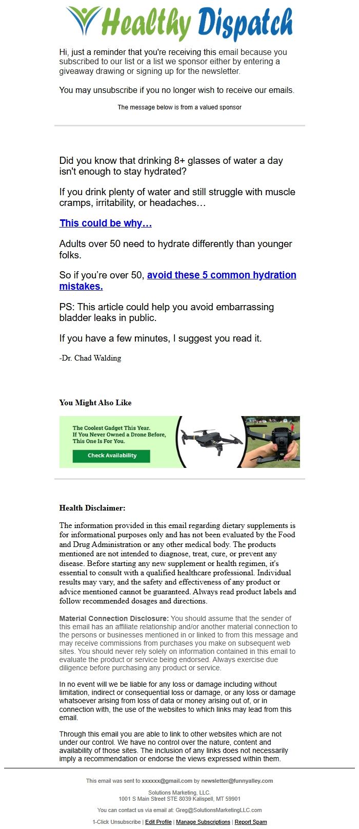 Screenshot of the email generated on import