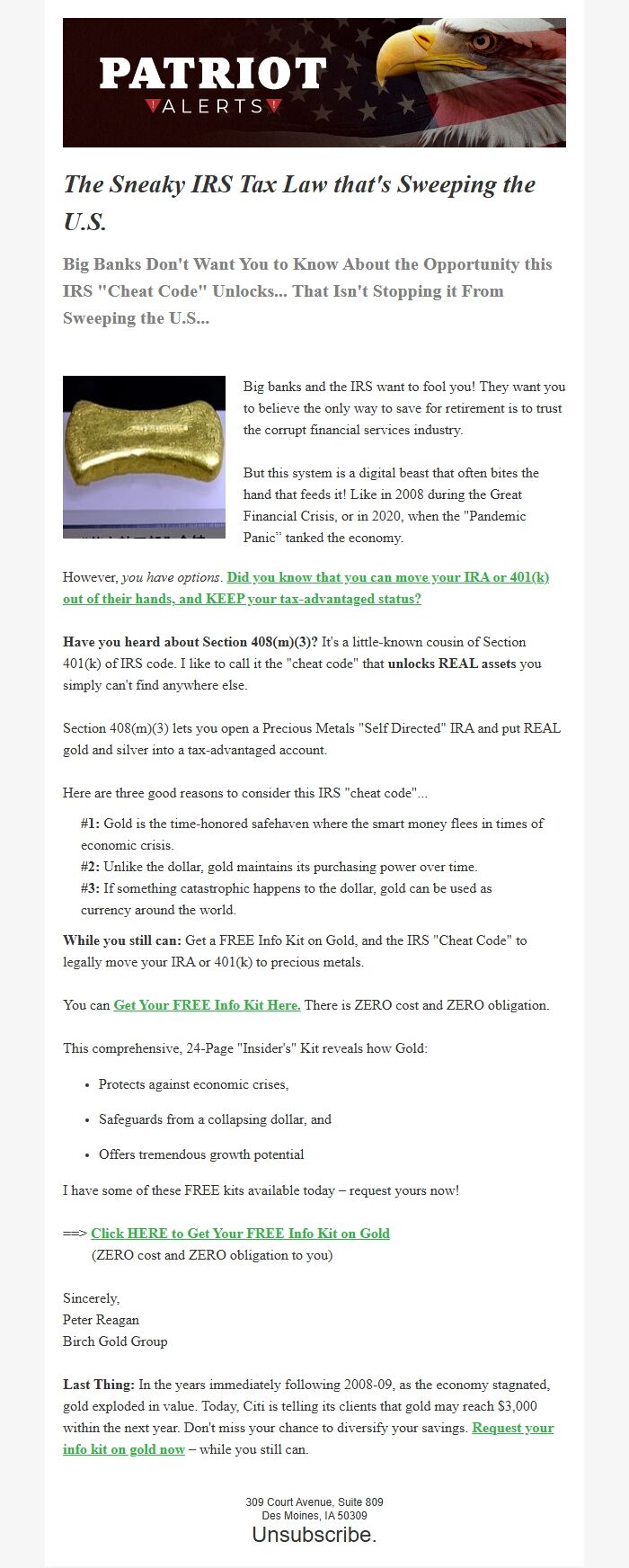 Screenshot of the email generated on import