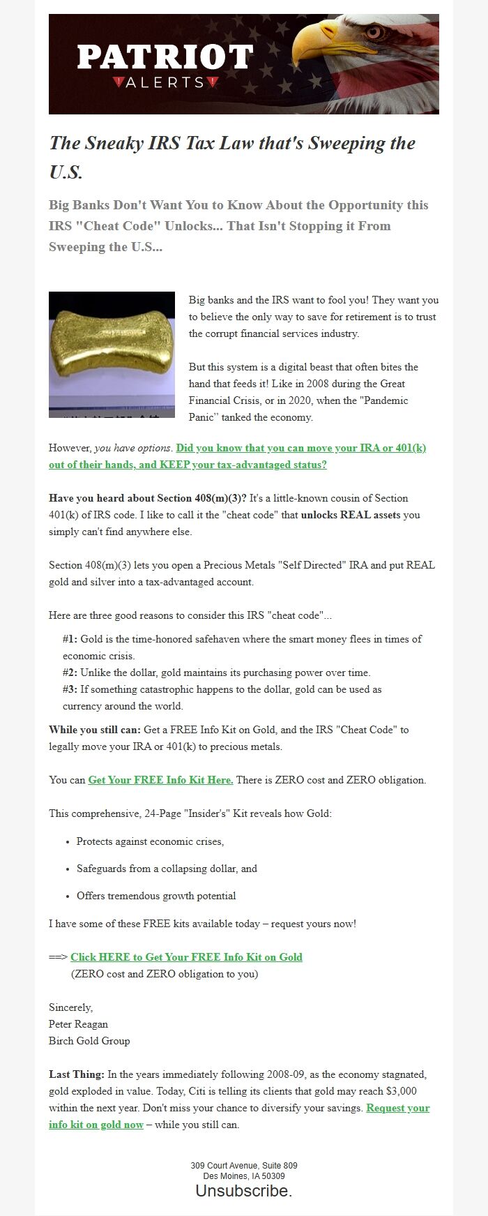 Screenshot of the email generated on import