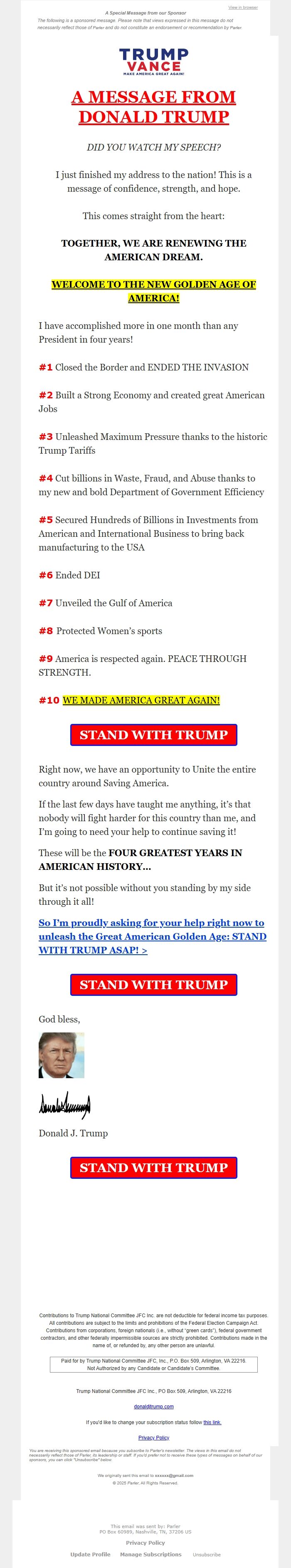 Screenshot of the email generated on import