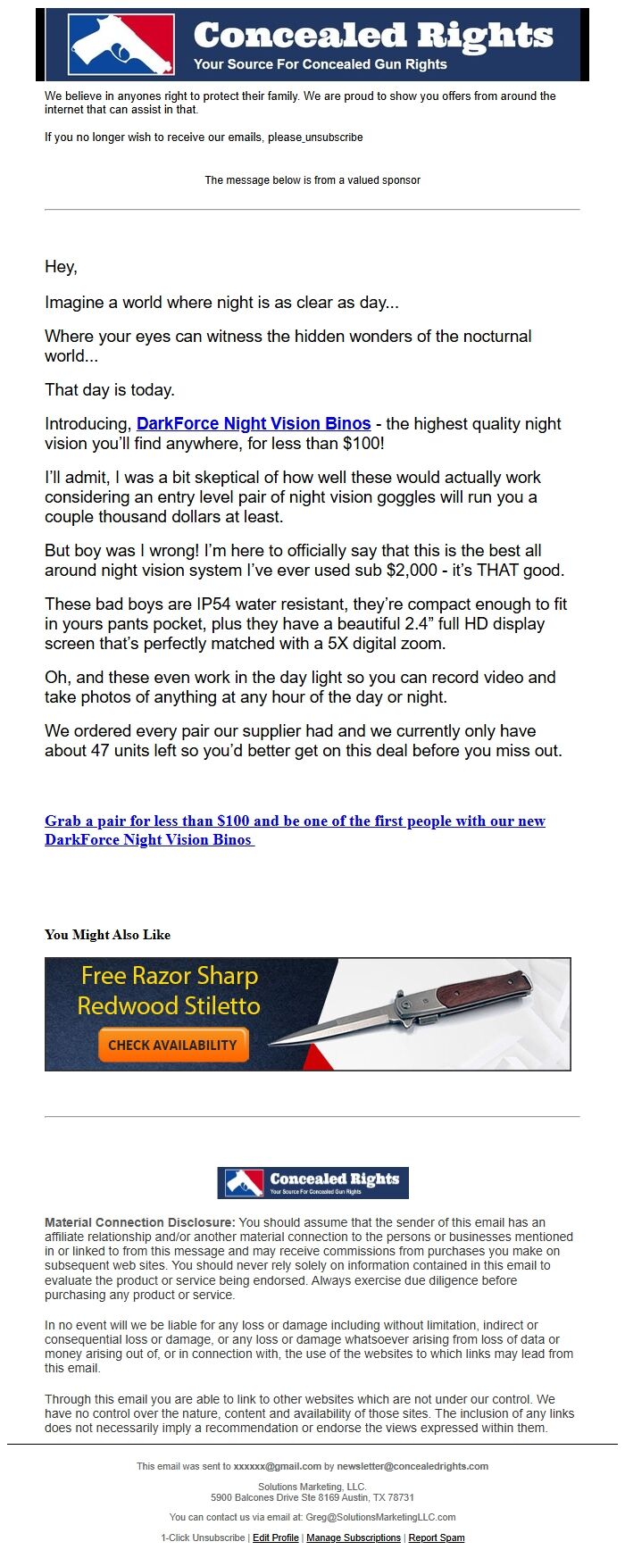 Screenshot of the email generated on import