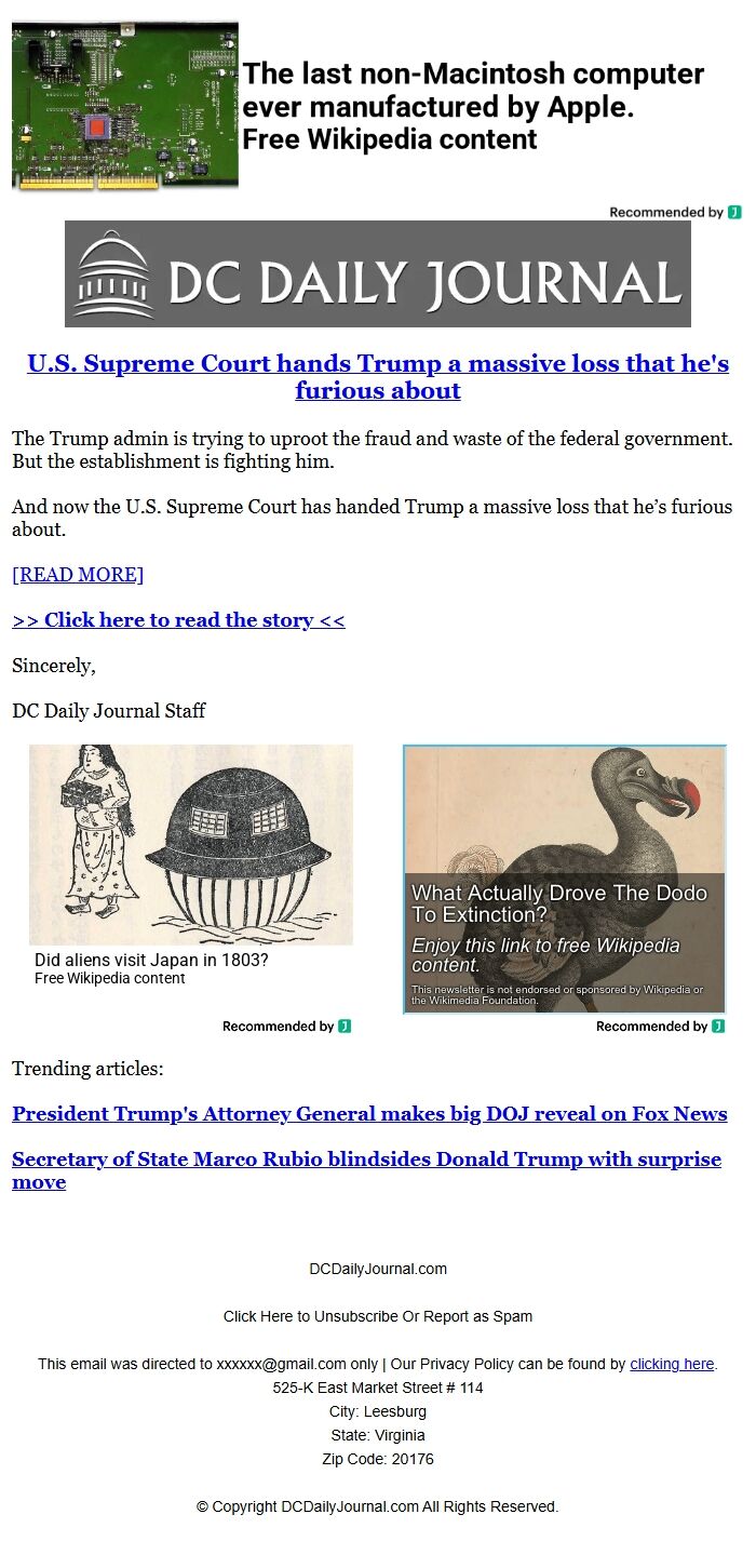 Screenshot of the email generated on import