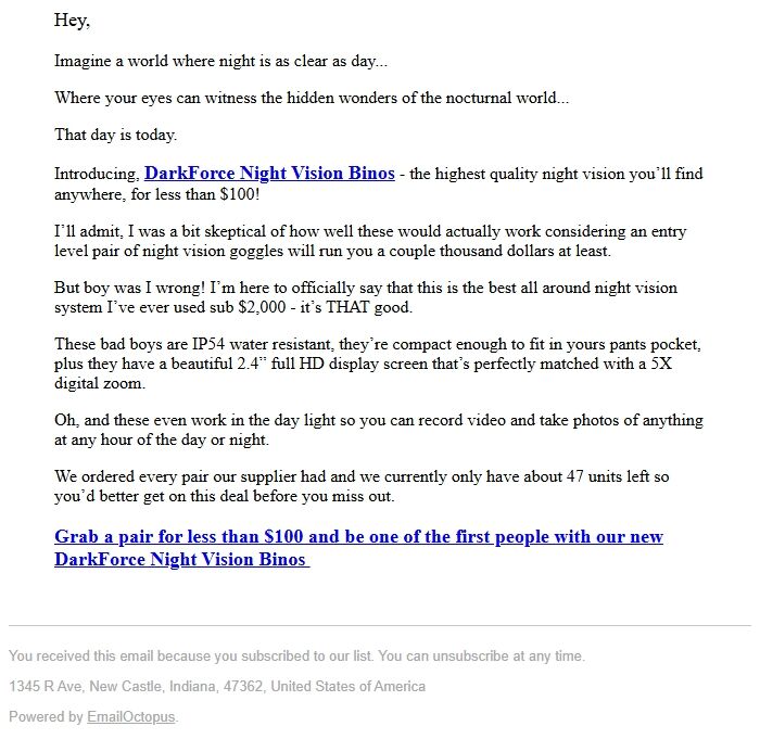Screenshot of the email generated on import