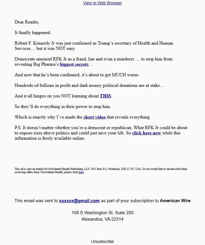 Screenshot of the email generated on import