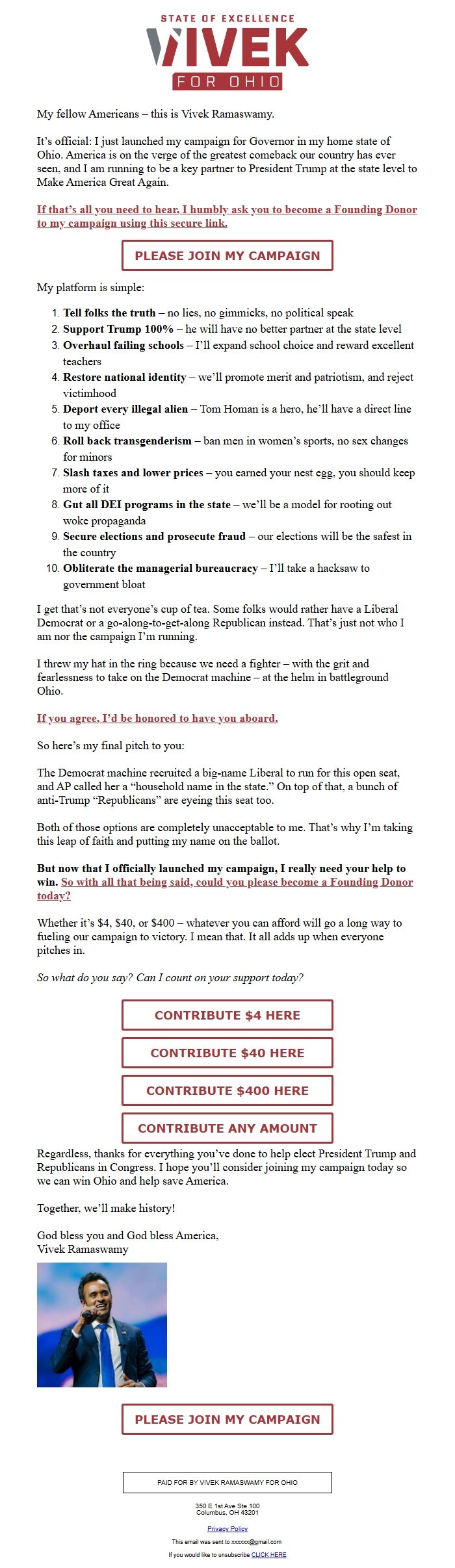 Screenshot of the email generated on import