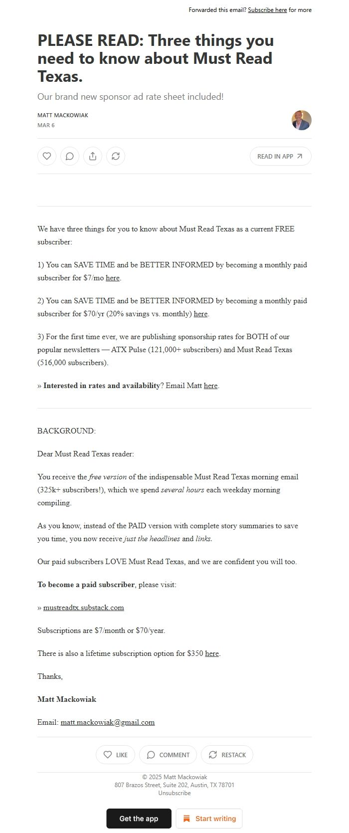 Screenshot of the email generated on import