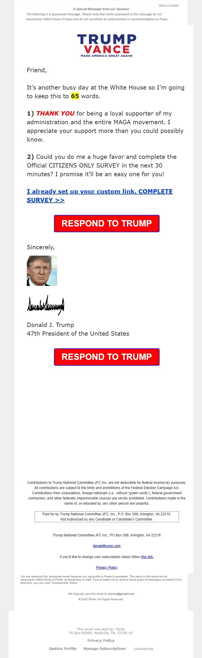 Screenshot of the email generated on import