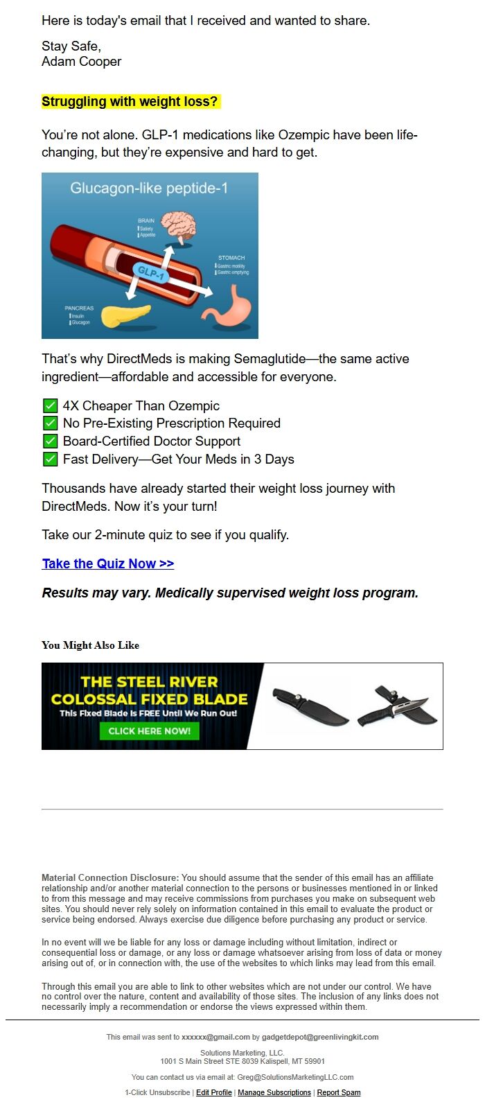 Screenshot of the email generated on import