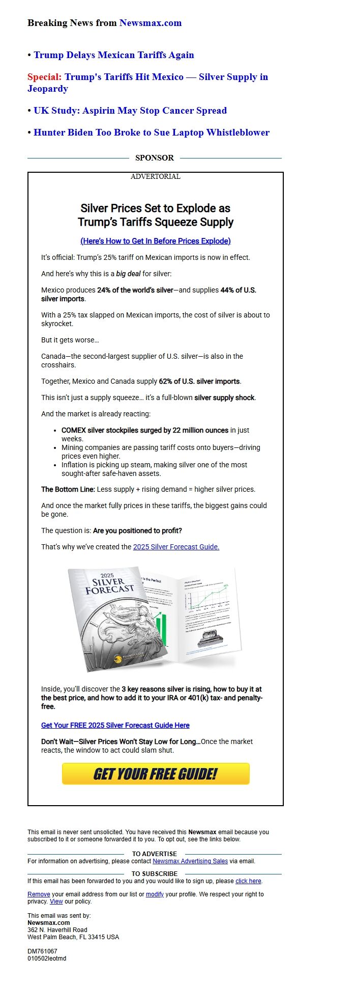 Screenshot of the email generated on import
