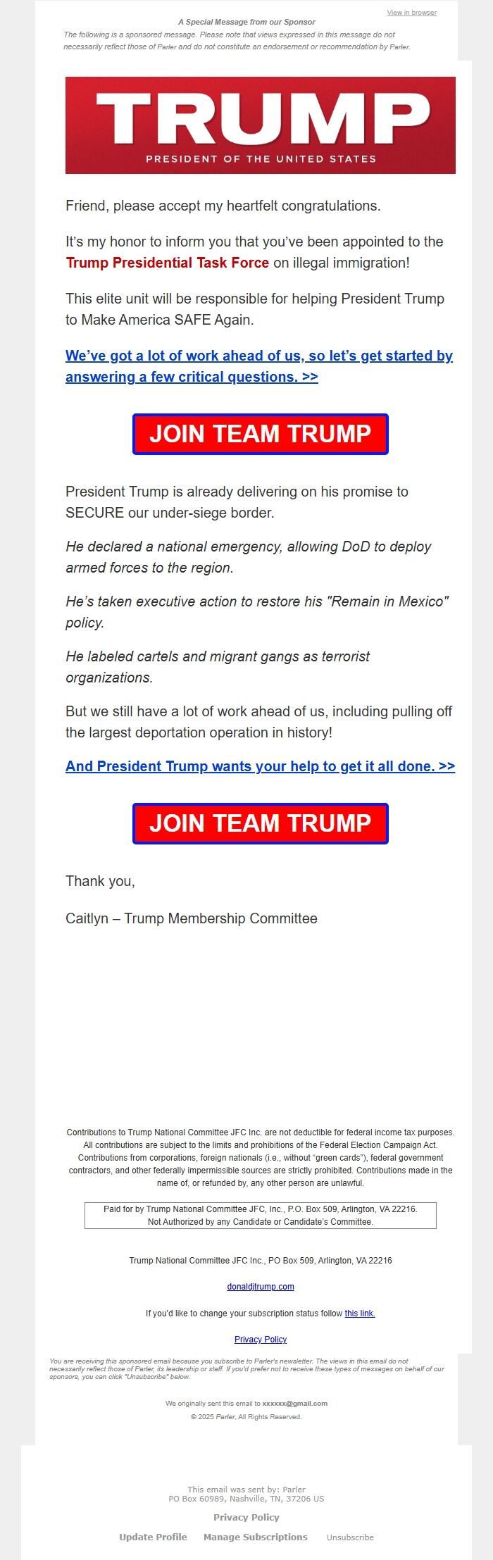 Screenshot of the email generated on import