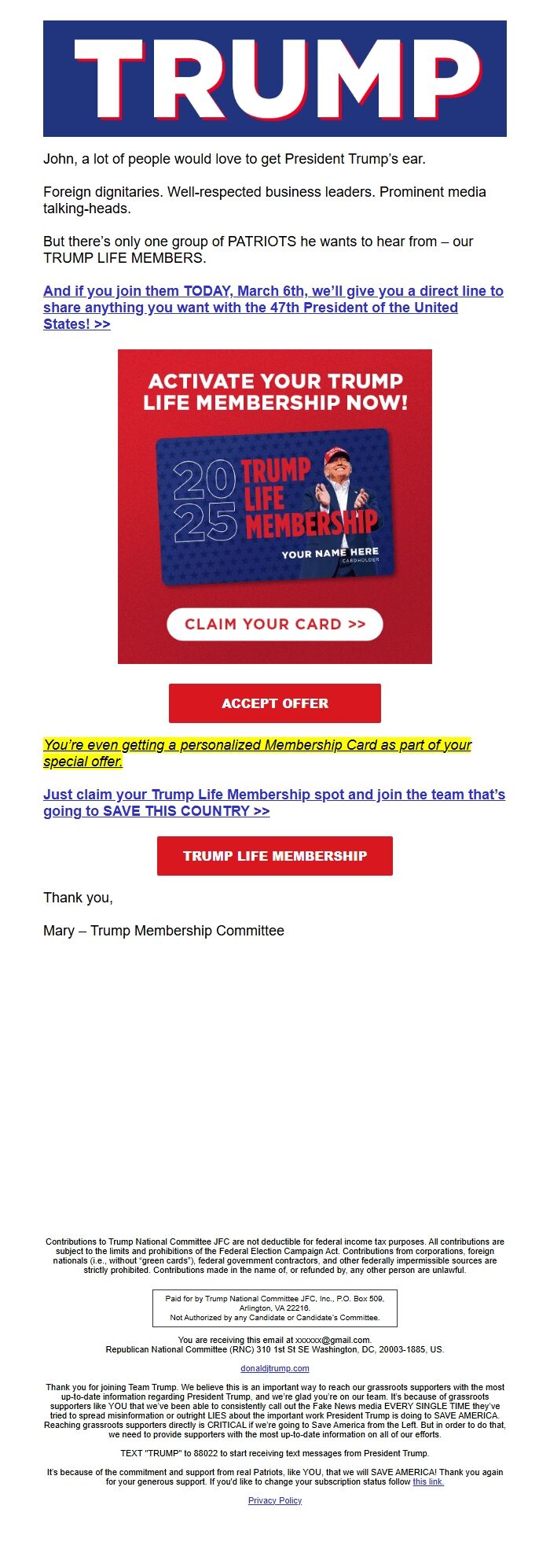Screenshot of the email generated on import