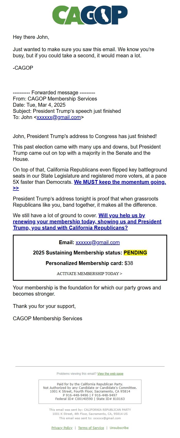 Screenshot of the email generated on import