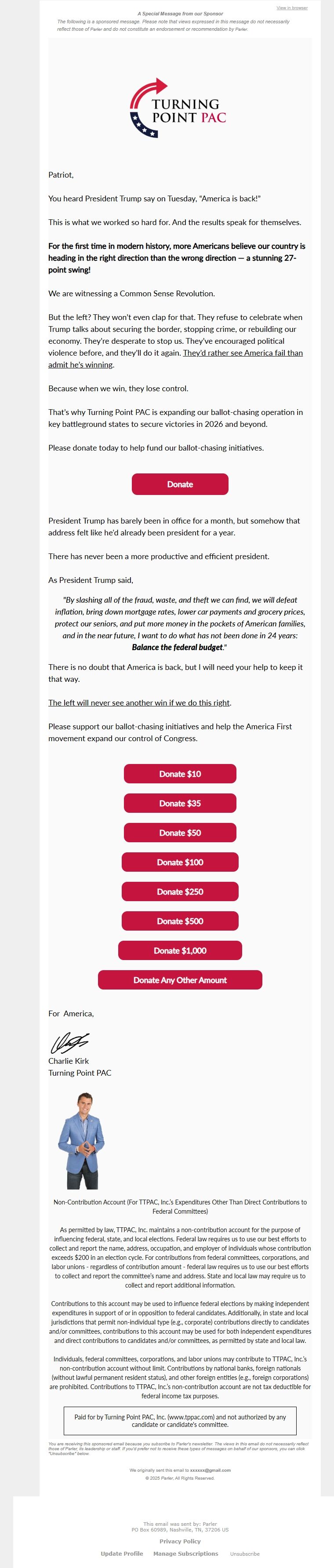 Screenshot of the email generated on import