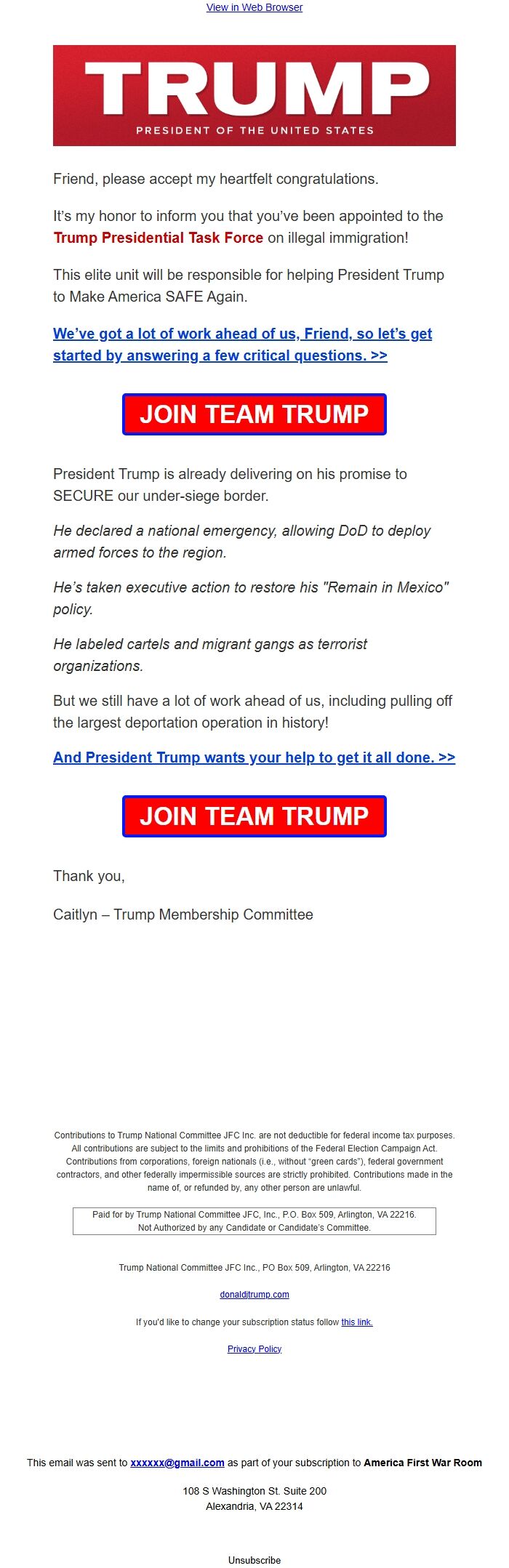 Screenshot of the email generated on import