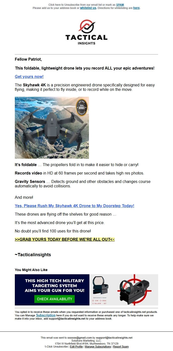 Screenshot of the email generated on import