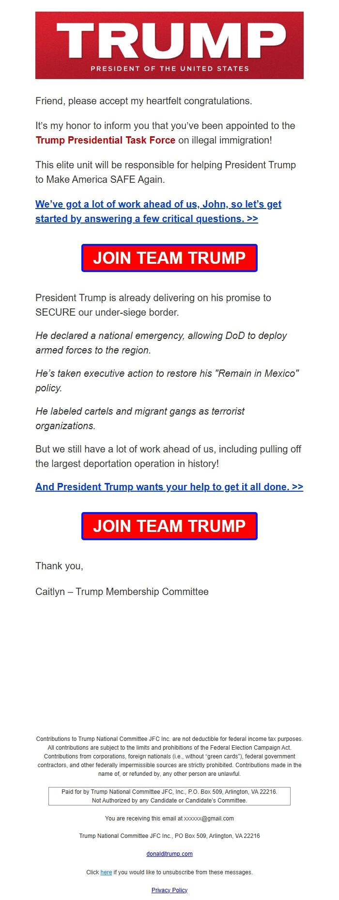 Screenshot of the email generated on import