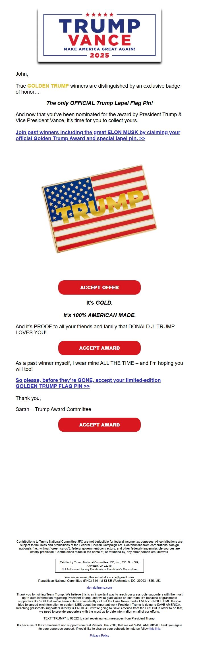 Screenshot of the email generated on import