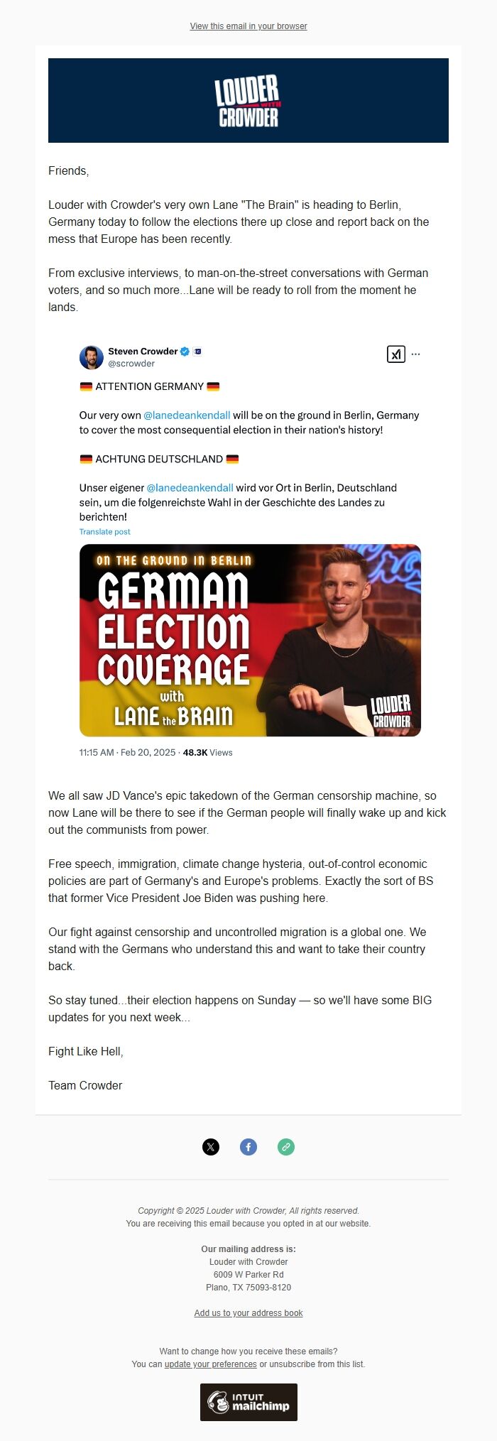 Screenshot of the email generated on import