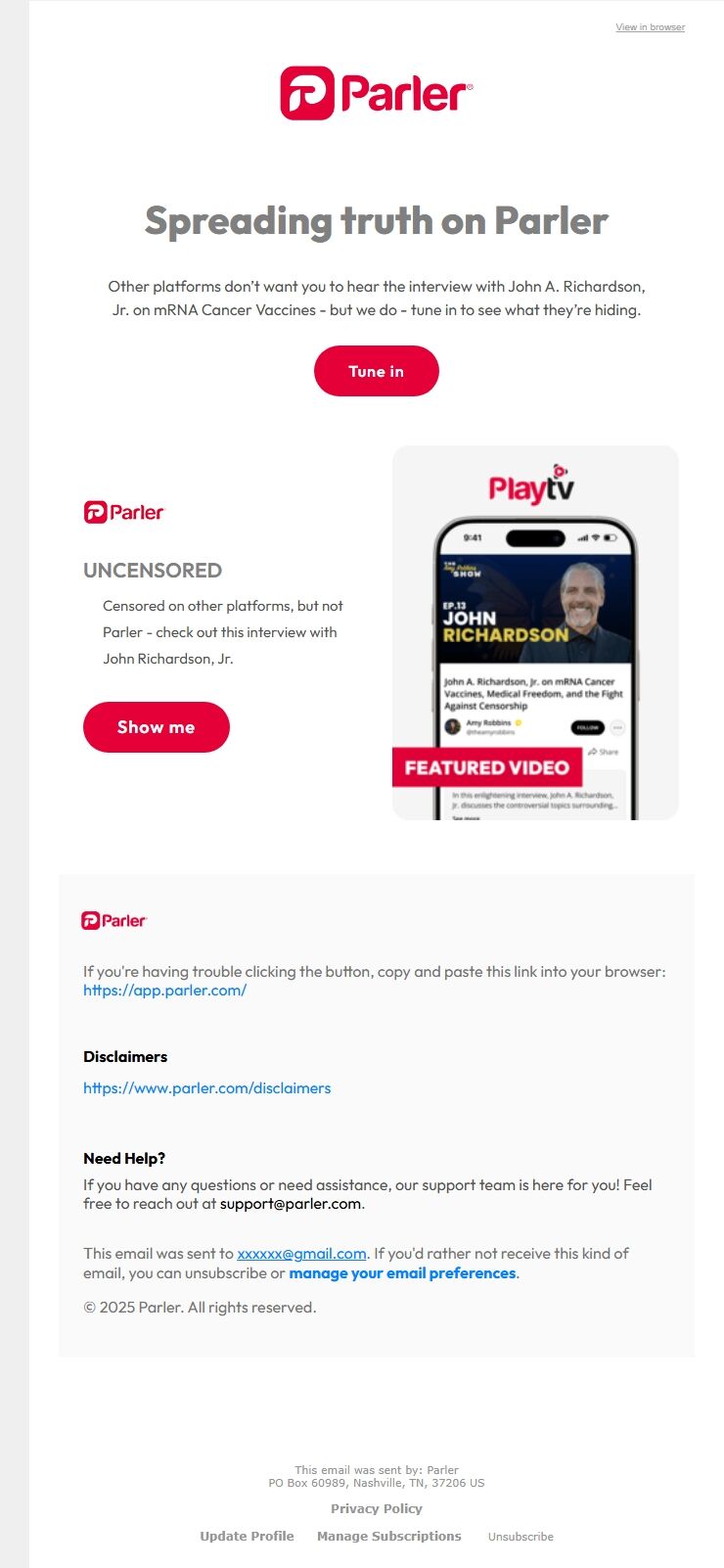 Screenshot of the email generated on import